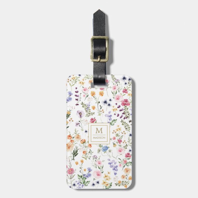 Elegant Watercolor Wildblomma Garden Monogram Bagagebricka (Vertikal Framsida)