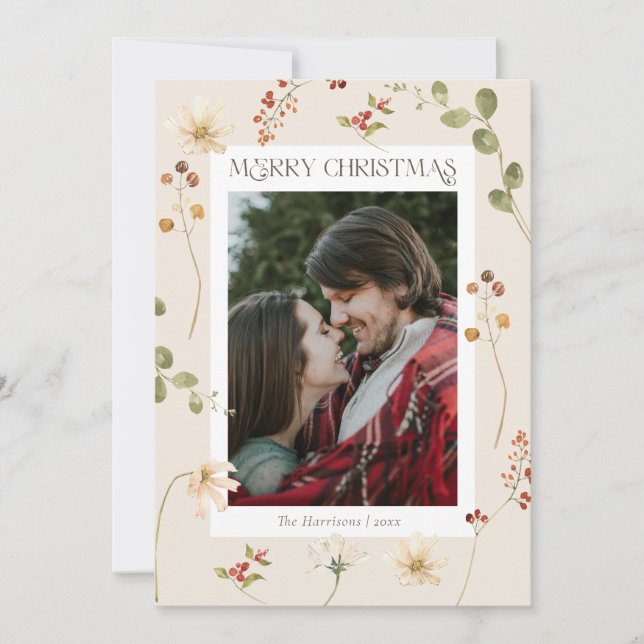 Elegant Watercolor Wildblomma God jul Julkort (Framsida)