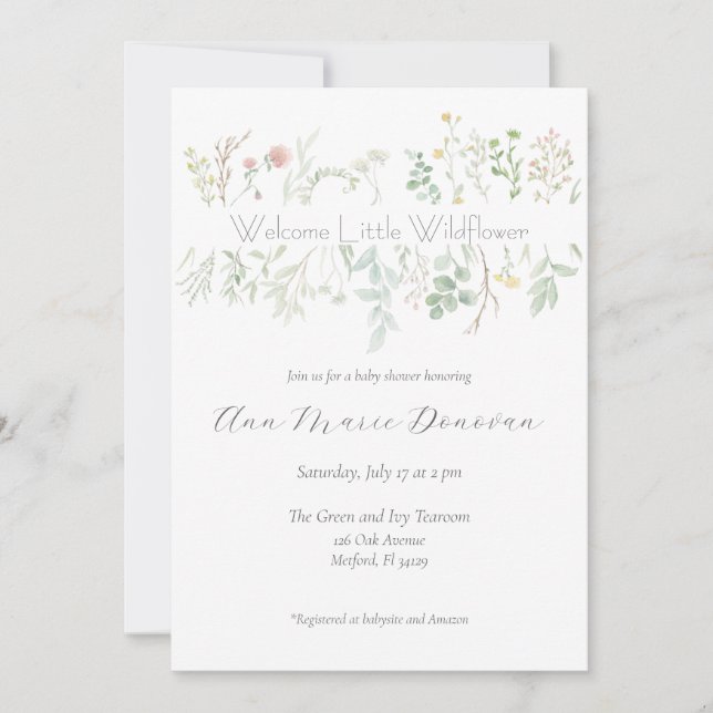 Elegant Watercolor Wildblomma Gräns Baby Shower Inbjudningar (Framsida)