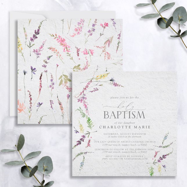 Elegant Watercolor Wildblomme Blommigt Baby Baptis Inbjudningar (Skapare uppladdad)