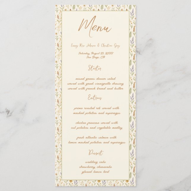 Elegant Watercolor Wildblomme Bröllop Menu Meny (Framsida)