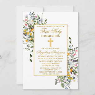 Elegant Watercolor Wildblomme Guld Communion Inbjudningar