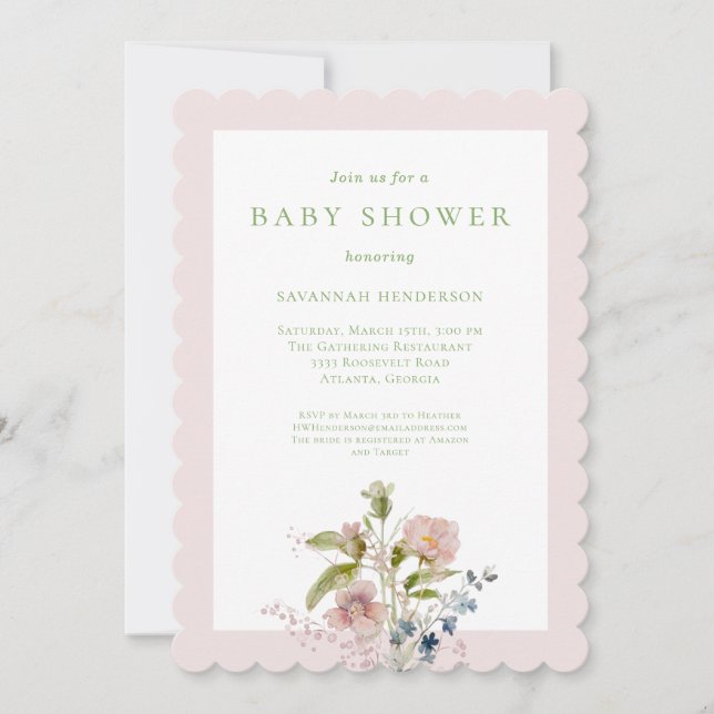 Elegant Watercolor Wildblomme Rosa Baby Shower Inbjudningar (Framsida)