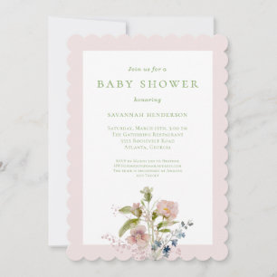 Elegant Watercolor Wildblomme Rosa Baby Shower Inbjudningar