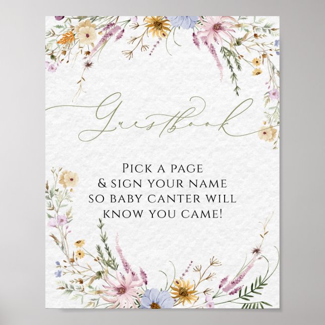 Elegant Watercolor Wildblommes Guestbook Poster (Framsidan)