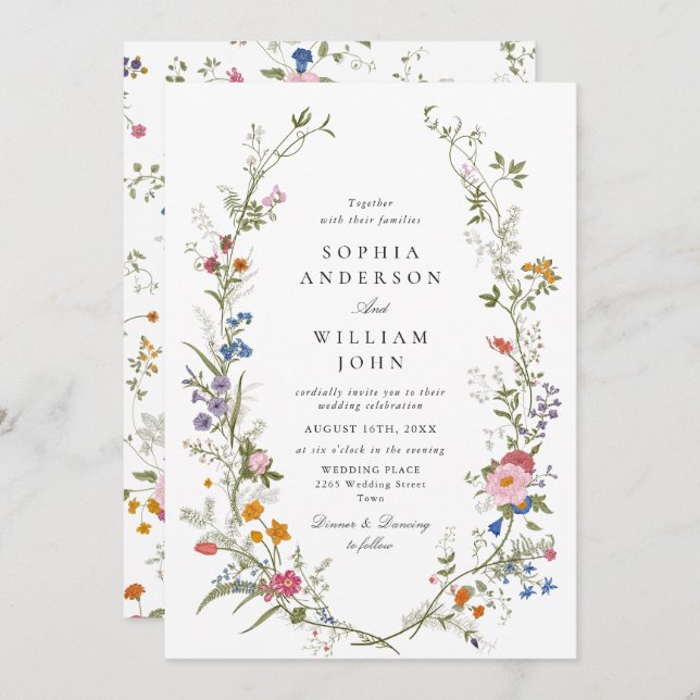 Elegant Watercolor Wildblommor Blommigt Bröllop Inbjudningar (Fram/baksida)