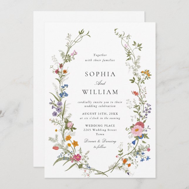 Elegant Watercolor Wildblommor Bröllop Inbjudningar (Fram/baksida)