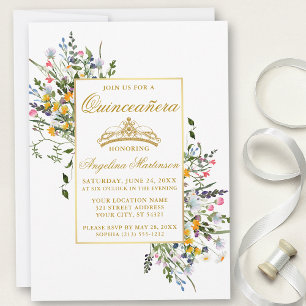Elegant Watercolor Wildblommor Guld Quinceanera Inbjudningar