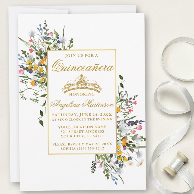 Elegant Watercolor Wildblommor Guld Quinceanera Inbjudningar (Customize to change text size, color, style or to add more text or photos to back of card.)