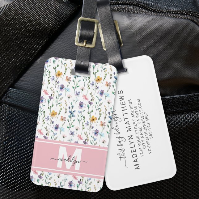 Elegant Watercolor Wildflower Monogram Bagagebricka (Elegant Watercolor Wildflower Monogram Luggage Tag)