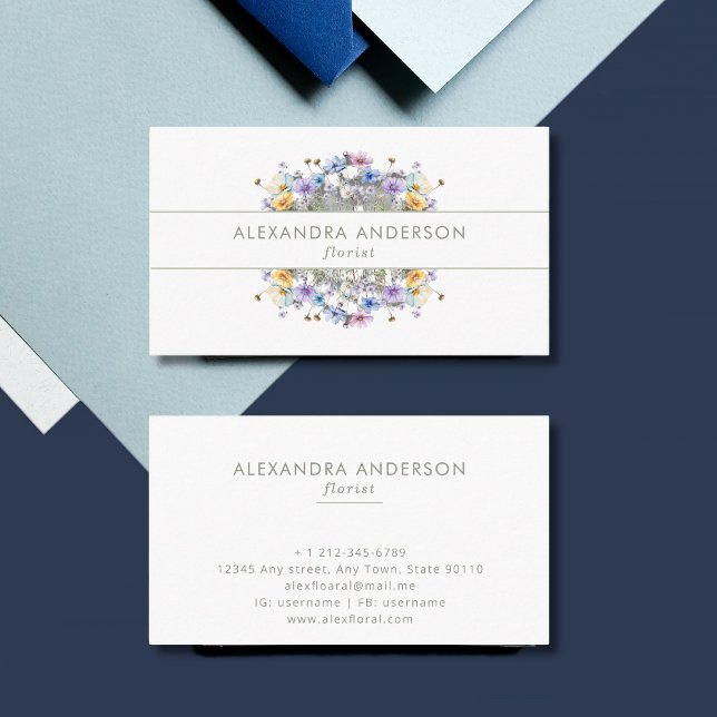 Elegant Watercolor Wildrows Wandeans Visitkort (Elegant Watercolor Wildflowers Wreath Business Card)