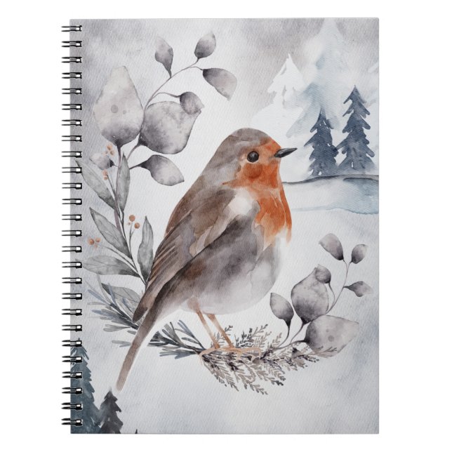 Elegant Watercolor Winter American Robin Anteckningsbok (Framsidan)