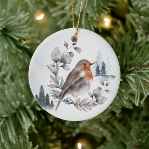 Elegant Watercolor Winter American Robin Julgransprydnad Keramik