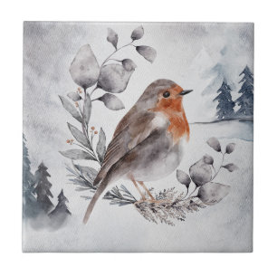 Elegant Watercolor Winter American Robin Kakelplatta