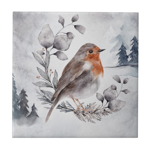 Elegant Watercolor Winter American Robin Kakelplatta (Framsidan)