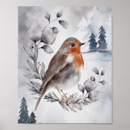 Elegant Watercolor Winter American Robin Poster