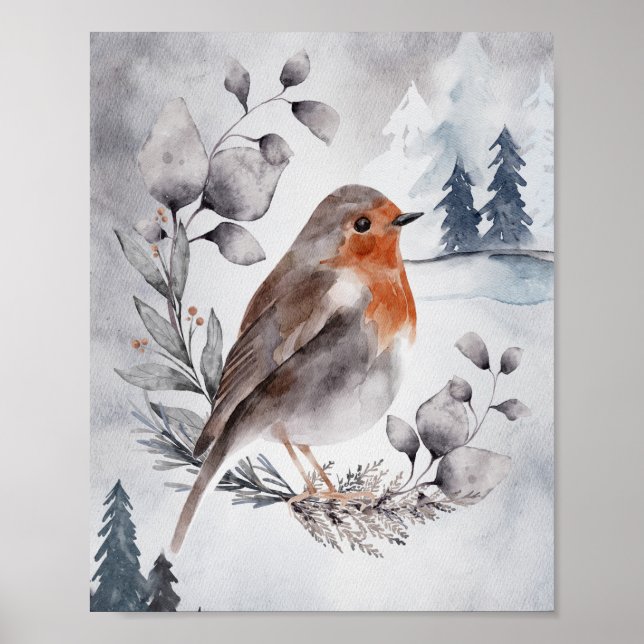 Elegant Watercolor Winter American Robin Poster (Framsidan)