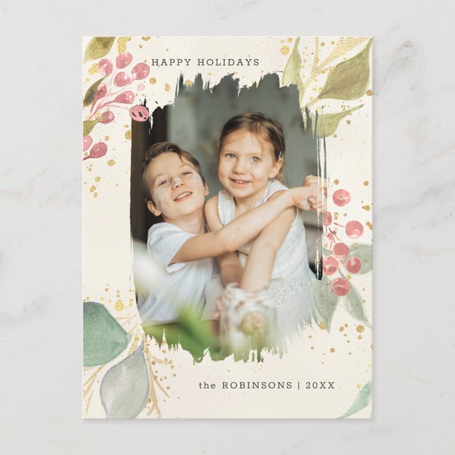 Elegant Watercolor Winter Berries & Greenery Photo Helg Vykort (Framsida)