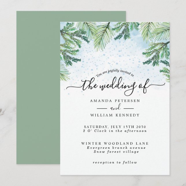 Elegant Watercolor Winter Evergreen Typografi Inbjudningar (Fram/baksida)