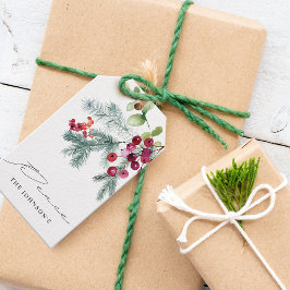 Elegant Watercolor Winter Greenery Red Berries Presentetikett
