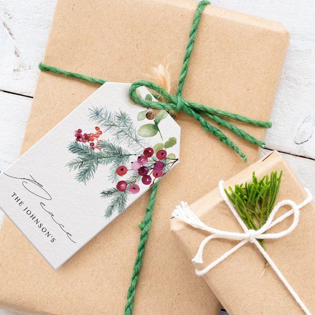 Elegant Watercolor Winter Greenery Red Berries Presentetikett (Elegant Watercolor Winter Greenery Red Berries Gift Tags)