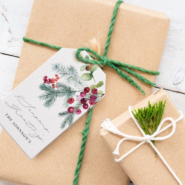 Elegant Watercolor Winter Greenery Red Berries Presentetikett (Elegant Watercolor Winter Greenery Red Berries Gift Tags)