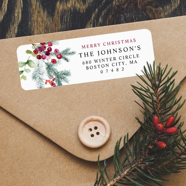 Elegant Watercolor Winter Greenery Returadress Etikett (Elegant Watercolor Winter Greenery Return Address Label)