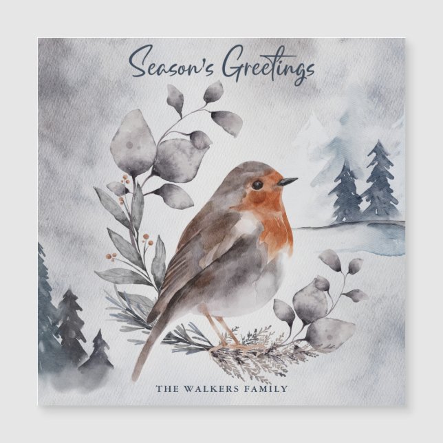 Elegant Watercolor Winter Robin Bird Magnetic Card (Framsida)