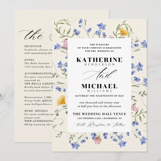 Elegant Watercolor Wldflowers Meadow Details RSVP Inbjudningar (Fram/baksida)