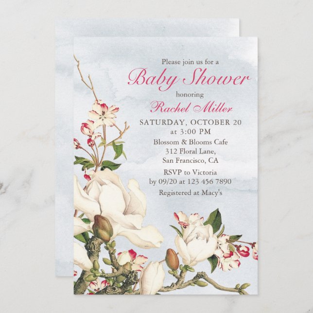 Elegant Watercolor Woodland Blommigt Baby Shower Inbjudningar (Fram/baksida)