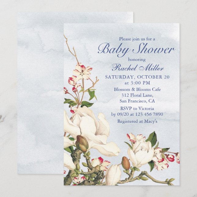 Elegant Watercolor Woodland Blommigt Baby Shower Inbjudningar (Fram/baksida)