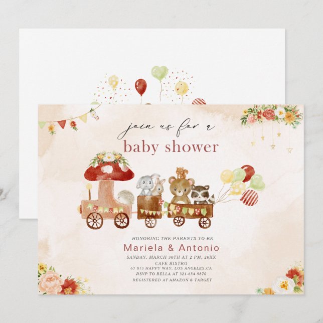 Elegant Watercolor Woodland party Baby Shower Inbjudningar (Fram/baksida)