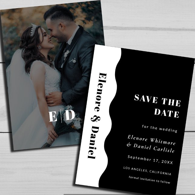 Elegant Wave Black and White Photo Bröllop Spara Datumet (Elegant Side Wave Black and White Photo Wedding Save The Date)