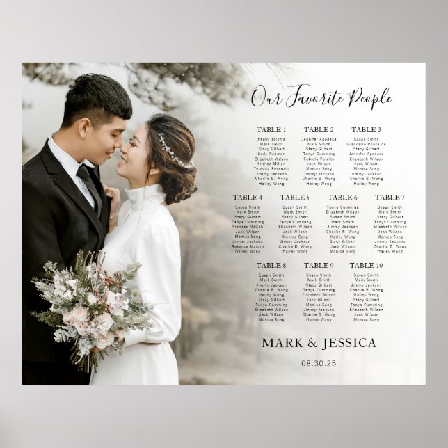 Elegant Wedding 10 table Seating Chart with Photo Poster (Framsidan)