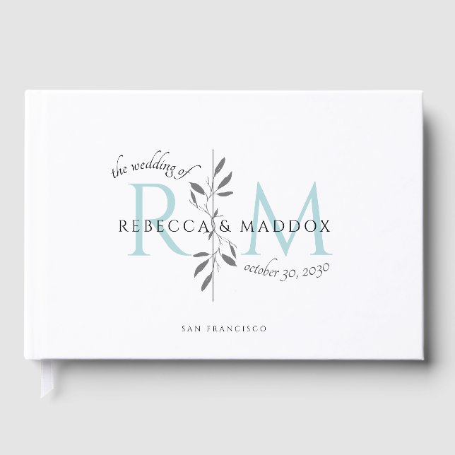 Elegant Wedding Aqua Botanical Monogram Gästböcker (Framsida)