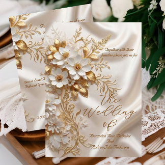 Elegant Wedding Beige White Gold Floral Silk Inbjudningar
