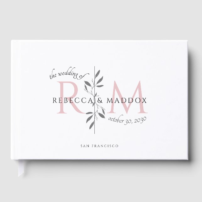 Elegant Wedding Blush Pink Botanical Monogram Gästböcker (Framsida)