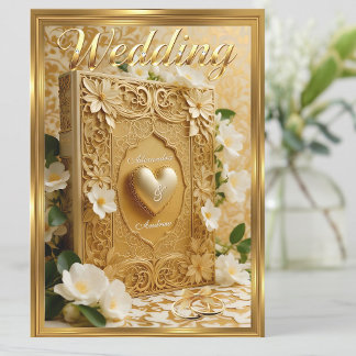 Elegant Wedding Book Gold Heart White Flowers Inbjudningar
