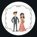 Elegant Wedding Bride and Groom Sticker  Runt Klistermärke<br><div class="desc">Adorable cartoon sticker featuring a stylish bride and groom holding hands,  perfect for weddings and romantic occasions.</div>
