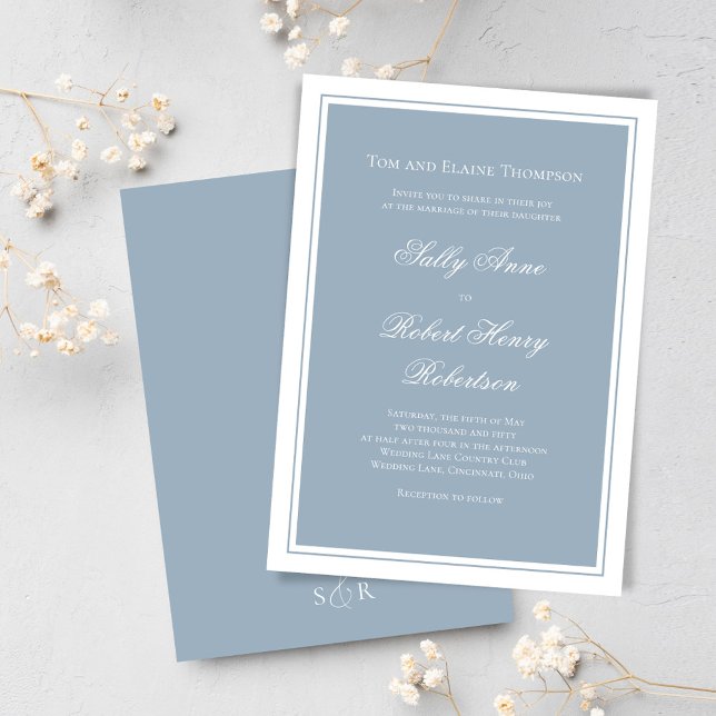 Elegant Wedding Calligraphy Dusty Blue Script  Inbjudningar (Classic and elegant dusty blue wedding invitations)