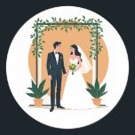 Elegant Wedding Couple Runt Klistermärke<br><div class="desc">This charming illustration features a stylish bride and groom beneath an elegant arch,  perfect for wedding-themed decor and gifts.</div>