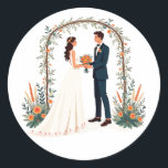 Elegant Wedding Couple Sticker Runt Klistermärke<br><div class="desc">Romantic illustration of a wedding couple beneath an arched floral backdrop,  perfect for weddings and celebrations.</div>