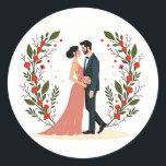 Elegant Wedding Couple Sticker Runt Klistermärke<br><div class="desc">Charming illustration of a bride and groom standing in a floral arch,  perfect for wedding decorations and personalizing your gifts.</div>