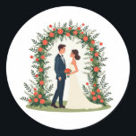 Elegant Wedding Couple Sticker Runt Klistermärke<br><div class="desc">A charming illustration of a bride and groom standing under a floral arch,  perfect for wedding celebrations and romantic gestures.</div>