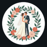 Elegant Wedding Couple Sticker Runt Klistermärke<br><div class="desc">Capture the essence of love and commitment with this beautifully illustrated sticker of a newlywed couple surrounded by vibrant floral wreath. Perfect for wedding albums and decor.</div>