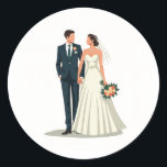 Elegant Wedding Couple Sticker Runt Klistermärke<br><div class="desc">A classy sticker featuring a traditional wedding couple—the a groom in a navy suit and a bride in a white gown holding a floral bouquet.</div>