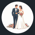 Elegant Wedding Couple Sticker Runt Klistermärke<br><div class="desc">Add a touch of romance to your messages with this beautifully illustrated sticker of a newlywed couple in elegant attire.</div>