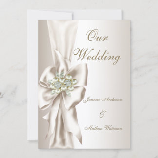 Elegant Wedding Damask Pearl Cream White Bow 2 Inbjudningar