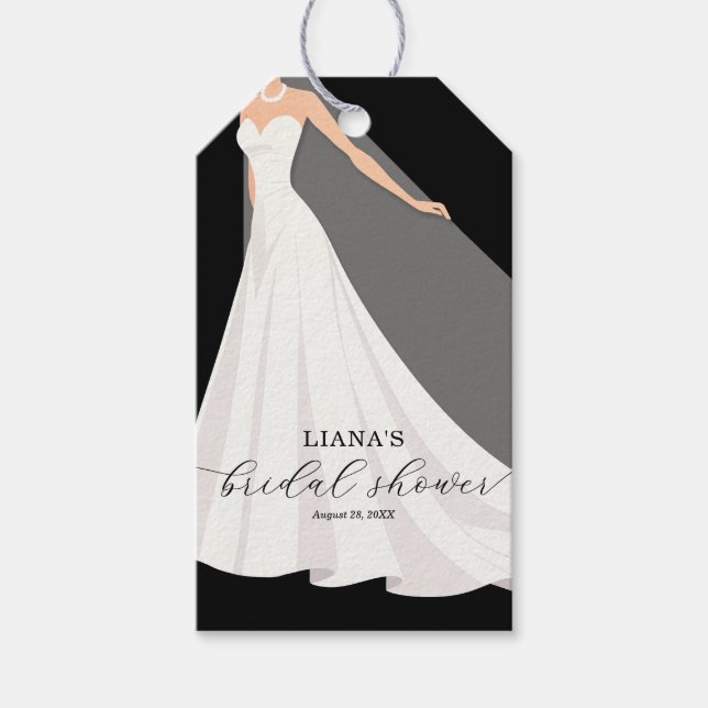 Elegant Wedding Dress Bridal Shower Black Favor Presentetikett (Framsidan)