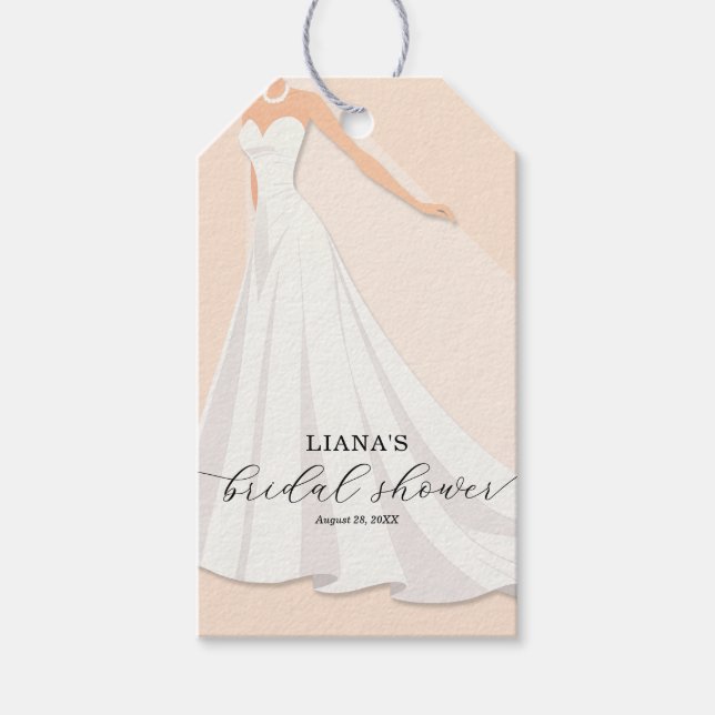 Elegant Wedding Dress Bridal Shower Peach Favor Presentetikett (Framsidan)